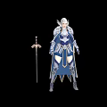 Woman in Blue and White Ornate Armor with Silver Hair and Long Sword