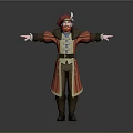 3D Cartoon Character With Red Hat Beard Red Coat Golden Trim Blue Vest Arms Outstretched