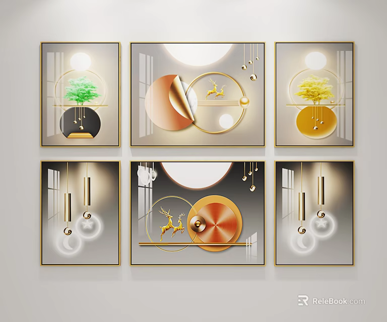 Modern Decorative Paintings Featuring Geometric Designs Moon Elements Deer And Trees In Gold Black Tones 3d model 