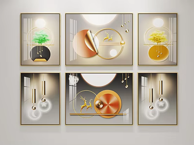 Modern Decorative Paintings Featuring Geometric Designs Moon Elements Deer And Trees In Gold Black Tones 3d model