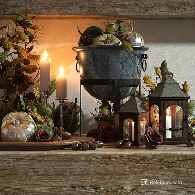 Autumn Themed Decorative Ornament Set With Metal Basin Pumpkins Candles Lanterns Roses And Fall Leaves 3d model 