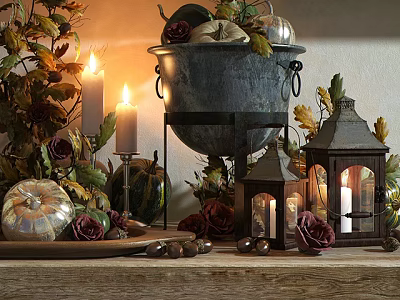 Autumn Themed Decorative Ornament Set With Metal Basin Pumpkins Candles Lanterns Roses And Fall Leaves 3d model