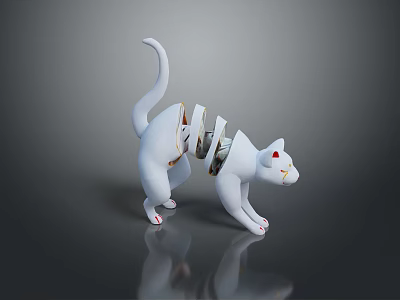 White Fragmented Cat Sculpture with Red Ear Tips Paws on Gray Background and Reflection 3d model