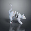 White Fragmented Cat Sculpture with Red Ear Tips Paws on Gray Background and Reflection 3d model