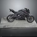 Black Sporty Motorcycle Showcased on Gray Stone Platform with Dark Background