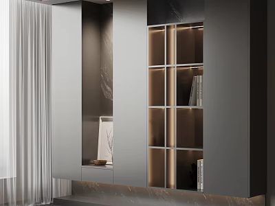 Elegant Modern Bookcase With Glass Doors Internal Lighting And Marble Accents 3d model