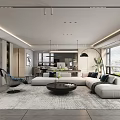 Modern Living Dining Room Interior With Sofa Dining Table Pendant Lights And Office Chair