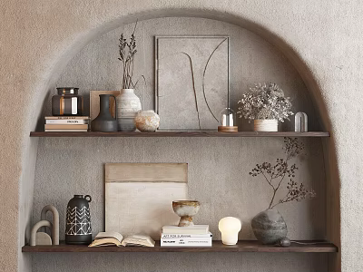 Stylish Decorative Ornament Set For Wall Niche Shelf With Vases Dried Plants Books And Frame 3d model