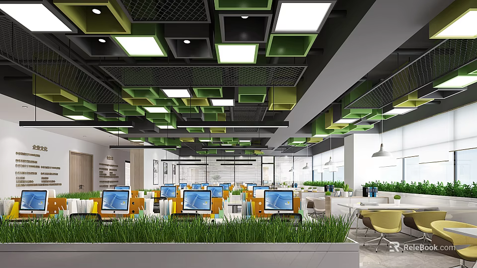 Modern Public Office Space With Open Layout Computers Green Plants And Square Ceiling Panels 3d model