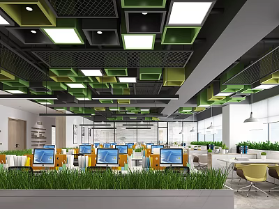 Modern Public Office Space With Open Layout Computers Green Plants And Square Ceiling Panels 3d model