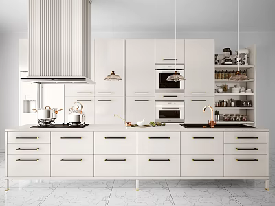 Modern White Kitchen Interior With Cabinets Island Counter Drawers Hanging Lights And Oven 3d model