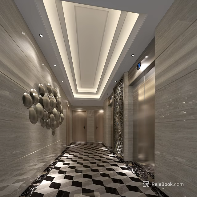 Modern Elevator Lobby With Light Marble Walls Ceiling Light Strips And Black White Checkered Floor 3d model 