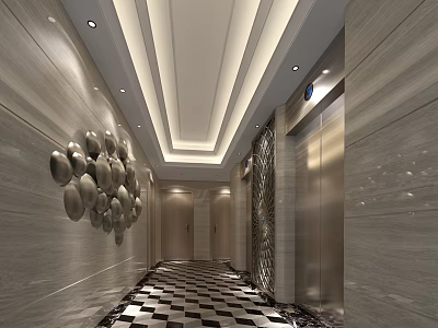 Modern Elevator Lobby With Light Marble Walls Ceiling Light Strips And Black White Checkered Floor 3d model