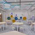 School Classroom Interior Design With Hexagonal Ceiling Decor And Wooden Tables 3d model