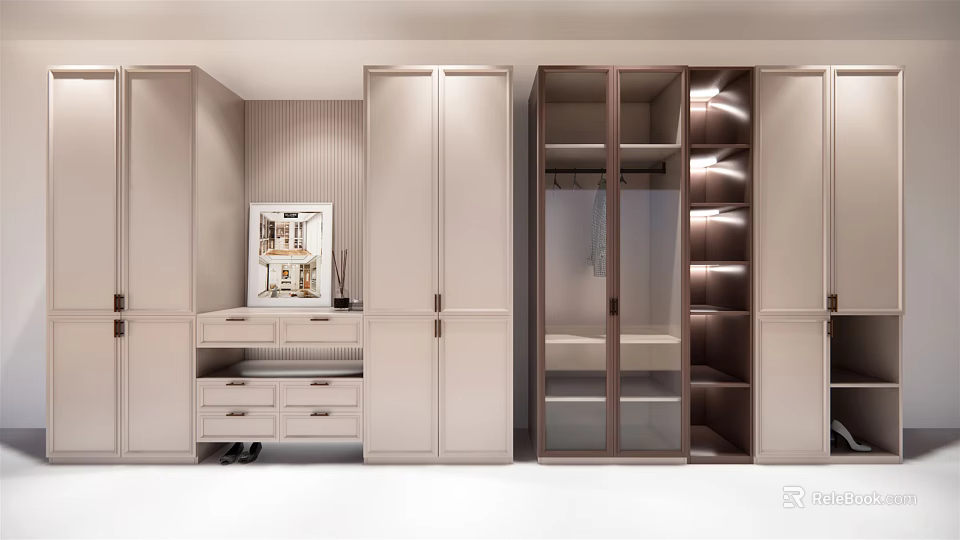 Modern Wardrobe Interior Design With Glass Doors Drawers And Open Compartments 3d model 