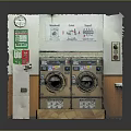 Laundry Room Interior With Twin Washing Machines Control Panel Wall Clock And Signs