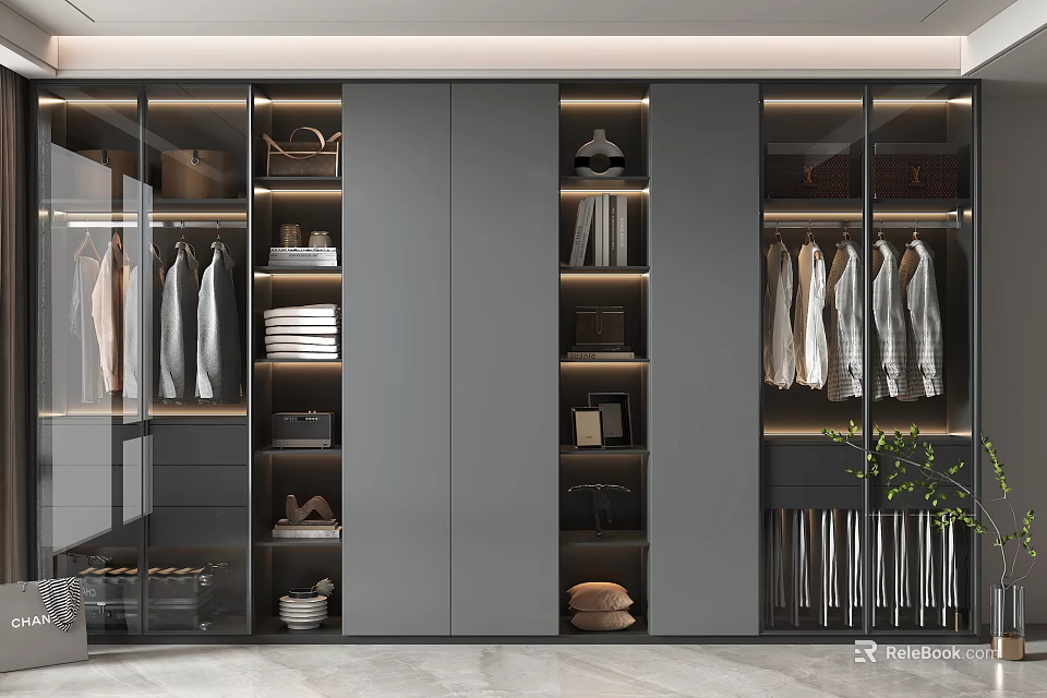 Modern Wardrobe Interior With Glass Doors Hanging Clothes Folded Items And Storage 3d model 