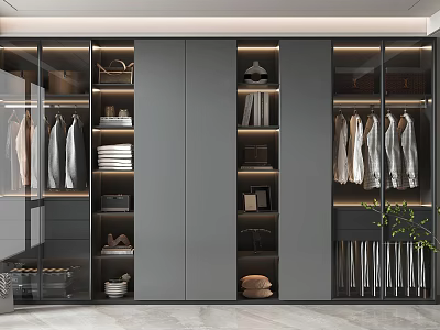Modern Wardrobe Interior With Glass Doors Hanging Clothes Folded Items And Storage 3d model