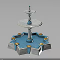 Two Tiered Fountain With Polygonal Base Circular Trays Blue White Columns And Golden Accents