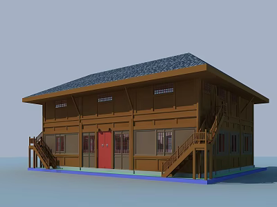 Brown Wooden House Exterior With Red Door Dark Roof Staircase And Balcony 3d model