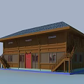 Brown Wooden House Exterior With Red Door Dark Roof Staircase And Balcony
