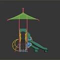 Outdoor Playground Equipment With Green Canopy Red Yellow Structures Slide Ladder And Sandy Ground