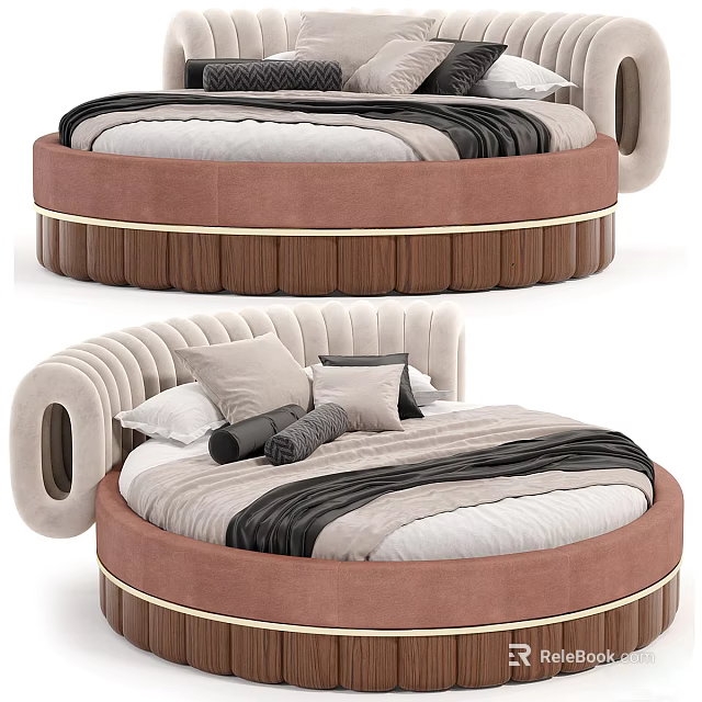 Elegant Modern Round Bed With Curved Blush Pink Upholstered Headboard And Striped Bedding 3d model 