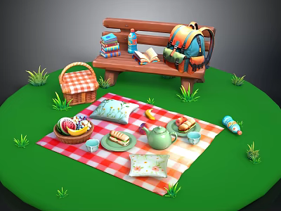 Delicious Picnic Food On Red And White Checkered Blanket With Sandwiches Teapot And Fruit 3d model