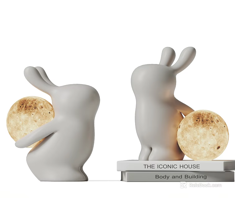 White Rabbit Shaped Table Lamps With Moon Surface Globe On Books 3d model 