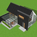 Modern Guesthouse Exterior Design With Black Roof Glass Windows And Outdoor Lawn Area