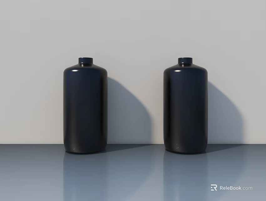 Two Black Industrial Storage Bottles Placed On Gray Surface With White Background 3d model