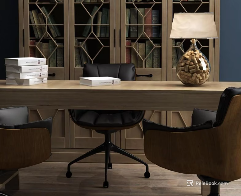 Classic Desk with Wooden Bookcase Stack of Books Lamp and Decorative Ornament 3d model 