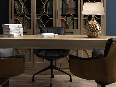 Classic Desk with Wooden Bookcase Stack of Books Lamp and Decorative Ornament 3d model