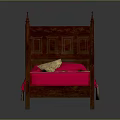 Wooden Four Poster Bed With Carved Headboard Pink Bed Sheets And Gold Patterned Blanket
