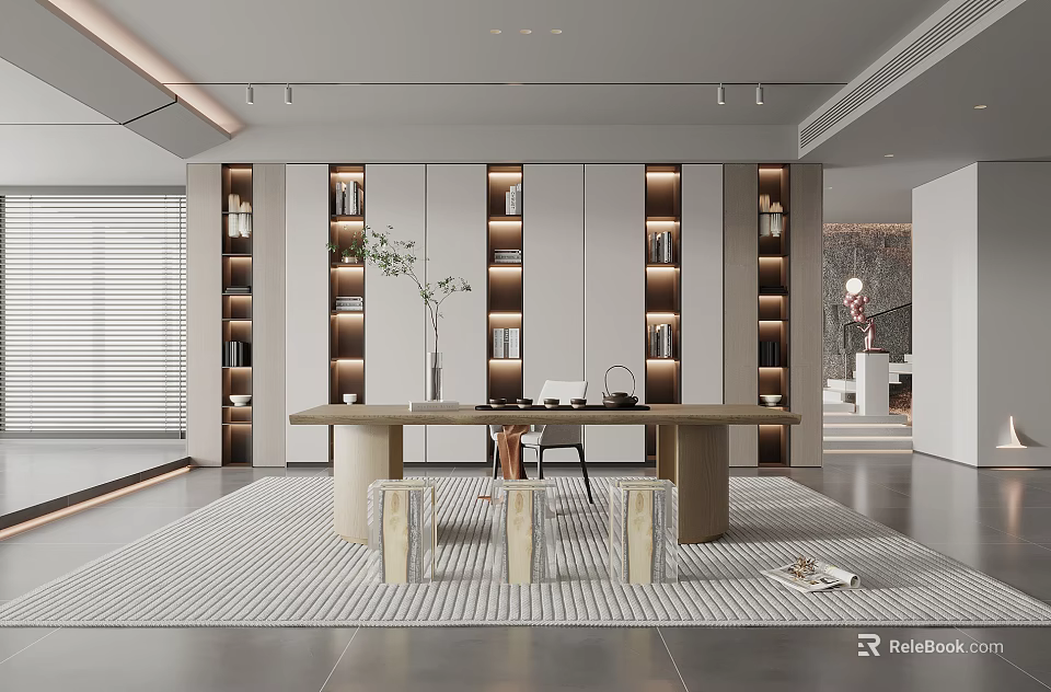Modern Study Room Interior With Open Bookshelves Spacious Desk And Decorative Items 3d model 