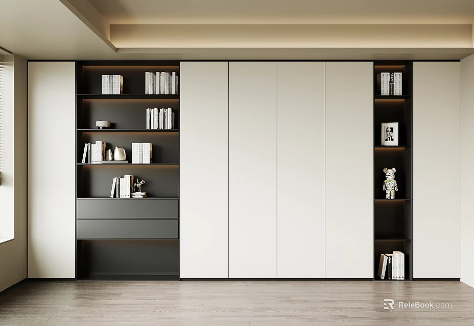 Modern Bookcase With White Panel Doors Dark Shelves And Decorative Books 3d model 