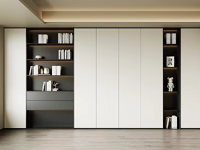Modern Bookcase With White Panel Doors Dark Shelves And Decorative Books 3d model