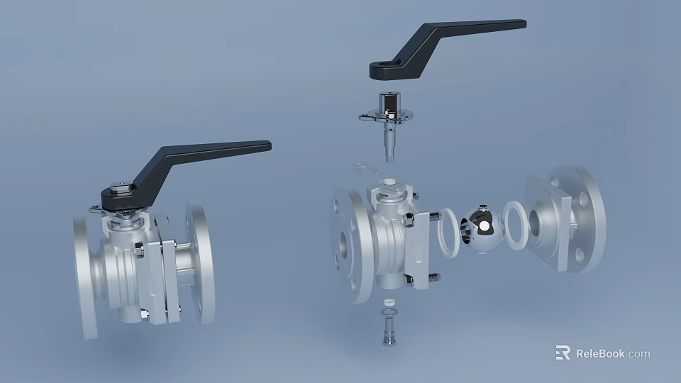 Industrial Pipe Valves With Black Handles And Metal Flange Connections 3d model 