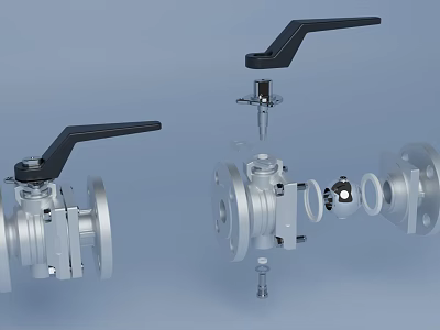 Industrial Pipe Valves With Black Handles And Metal Flange Connections 3d model