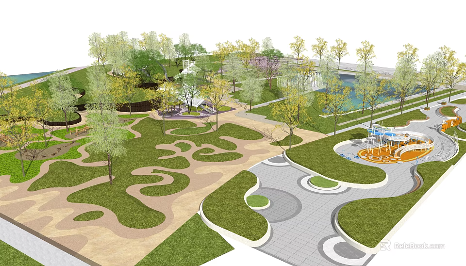 Serene Garden Landscape With Green Lawns Winding Paths Trees And Water Features 3d model 