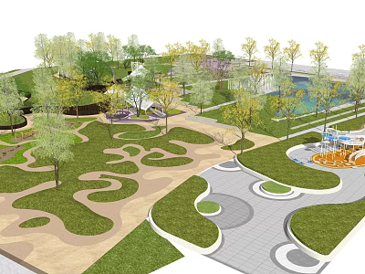 Serene Garden Landscape With Green Lawns Winding Paths Trees And Water Features 3d model