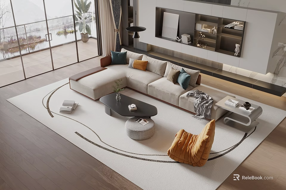 Modern Sofa Coffee Table Combination with Colorful Pillows Round Rug and Floor to Ceiling Windows 3d model 