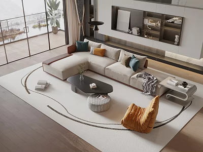 Modern Sofa Coffee Table Combination with Colorful Pillows Round Rug and Floor to Ceiling Windows 3d model
