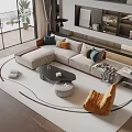Modern Sofa Coffee Table Combination with Colorful Pillows Round Rug and Floor to Ceiling Windows