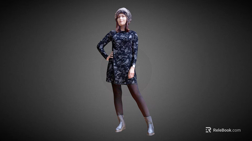 Stylish Woman In Black Floral Dress With Hat And Silver Boots Standing Confidently 3d model 