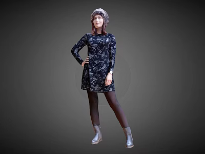 Stylish Woman In Black Floral Dress With Hat And Silver Boots Standing Confidently 3d model