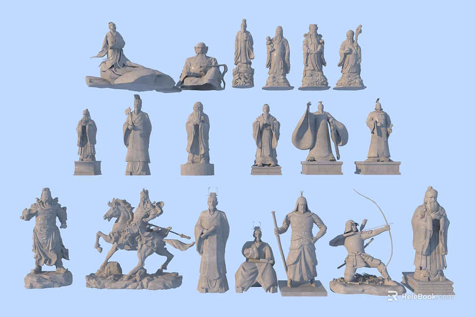 Ancient Male Statues in Various Poses Including Warriors and Historical Figures 3d model 