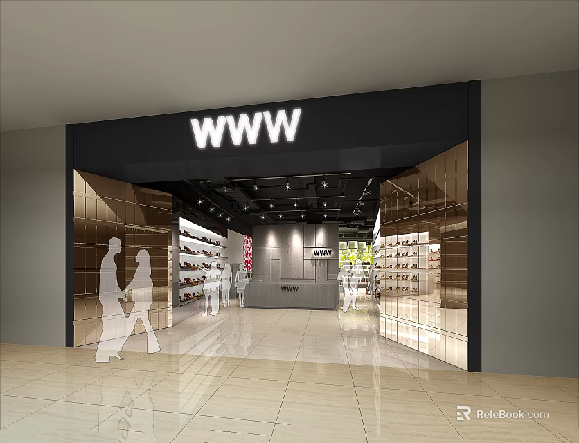 Modern Shopping Mall Store Featuring WWW Sign Display Shelves And Customers 3d model 