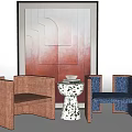Casual Copper Blue Velvet Sofa Set With Side Table Stacked Books Against Abstract Painting