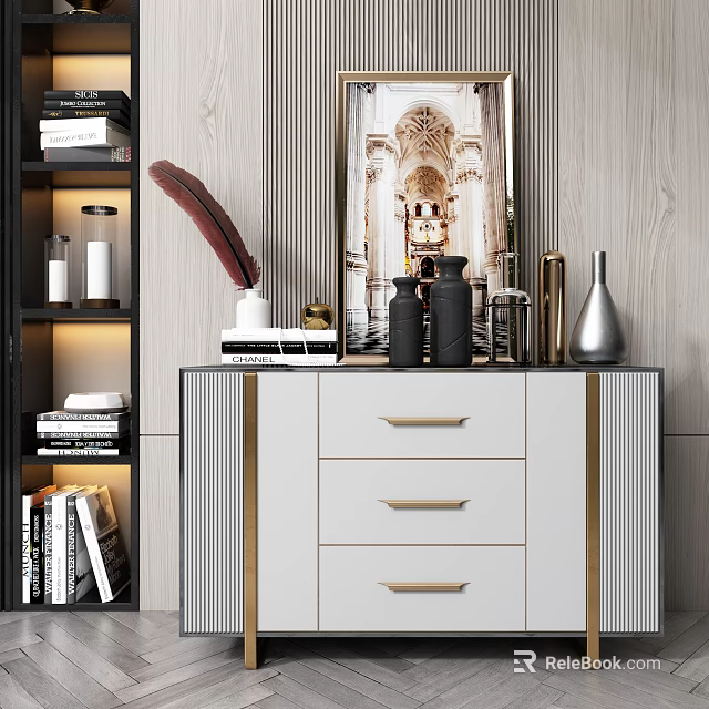 Modern Console Table And Side Cabinet With Golden Handles Feather Decor And Vases 3d model 